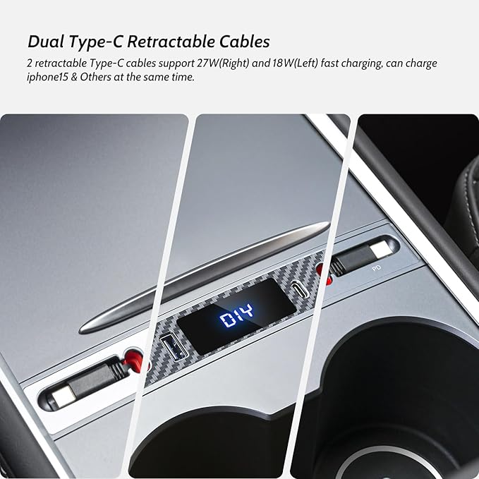 Silver Gray USB Hub for Tesla Owners 2 USB C Retractable Fast Charging Cables for iPhone 15 is Necessary Tesla Tesla Model 3/Y Accessories (2024-2021) but not Highland or Juniper Compatible