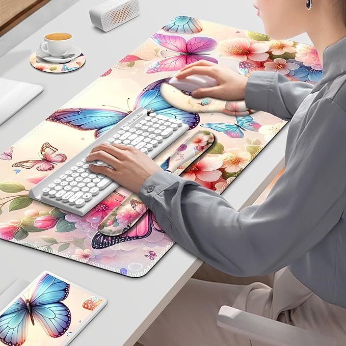 Gaming Mouse Pad Large Desk Mat Cute Desk Pad Protector 4in1 XXL Mousepad + Keyboard Wrist Rest+Mouse Wrist Rest+Coaster Set with Ergonomic Desk Pad for Home Office PC Computer Butterflies Flowers