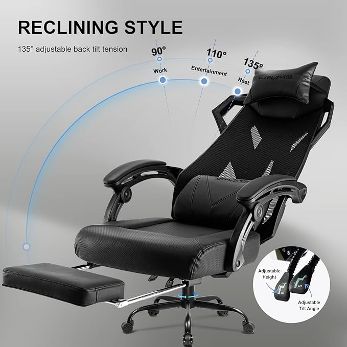 GTPLAYER Gaming Chair Computer Chair with Mesh Back Ergonomic Gaming Chair with Footrest Reclining Gamer Chair with Adjustable Headrest and Lumbar Support for Gaming and Office (Black)