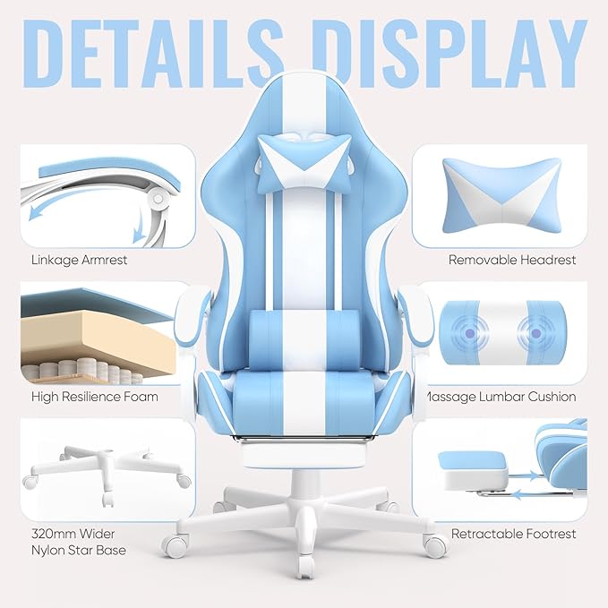Ferghana Gaming Chairs Ergonomic Racing Style PC Game Computer Chair with Headrest Lumbar Support Adjustable Recliner PU Leather Video Computer Chair(Light Blue)