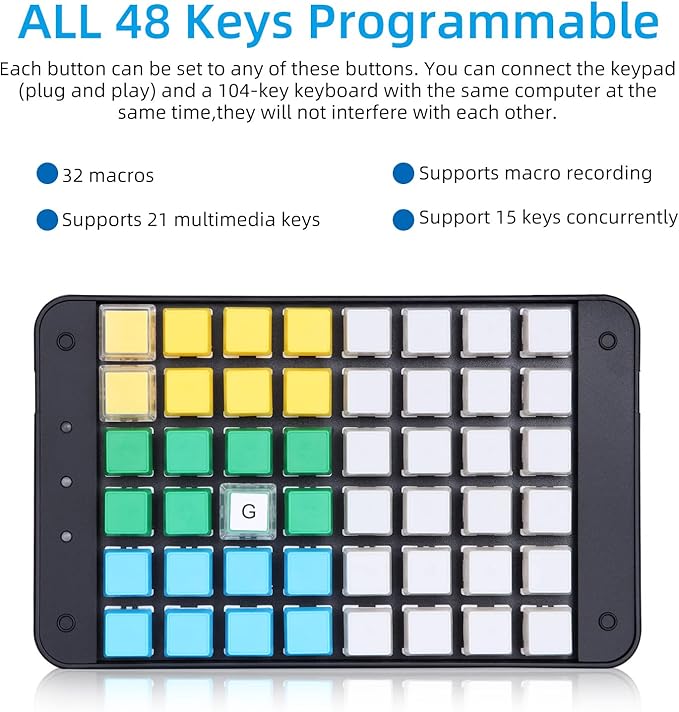 Koolertron One Handed Macro Mechanical Gaming Keyboard Fully Programmable Mini Keypad 48-Key Mini USB Macro Keyboard with Blank Keycaps for Gamers/Cashier/Designers/Video Editors