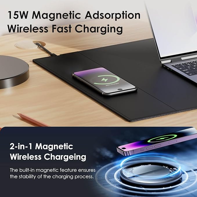 Magnetic Mouse Pad with Wireless Charging 31'' x 11.7'' Extra Large Desk Pad Waterproof and Scratch-Resistant Mousepad Charcoal Black Computer Mouse Mat for MacBook PC Laptop