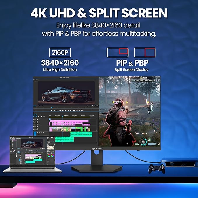 CRUA 27” 4K Gaming Monitor UHD 3840x2160 160Hz IPS Screen Height/Pivot/Swivel/Tilt Adjustable Vertical Monitor Support AMD FreeSync Built-in Speakers 120% sRGB PIP/PBP HDMI 2.1 &amp DP 1.4-Bla