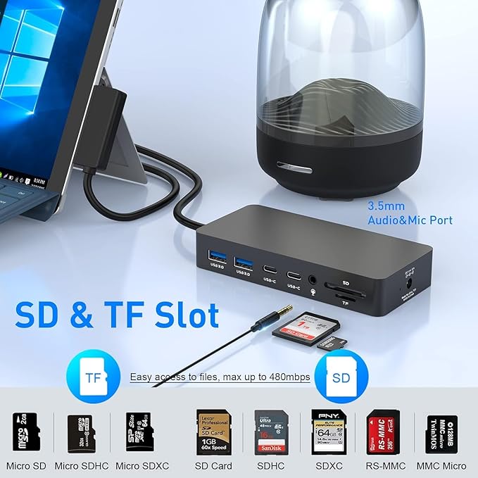 Docking Station Ms Triple Display (2 HDMI 4K+VGA) Dock Accessories for Sf Pro 9/8/X/7/6/5/4/3 Book 3/2/1Laptop go/5/4/3/2