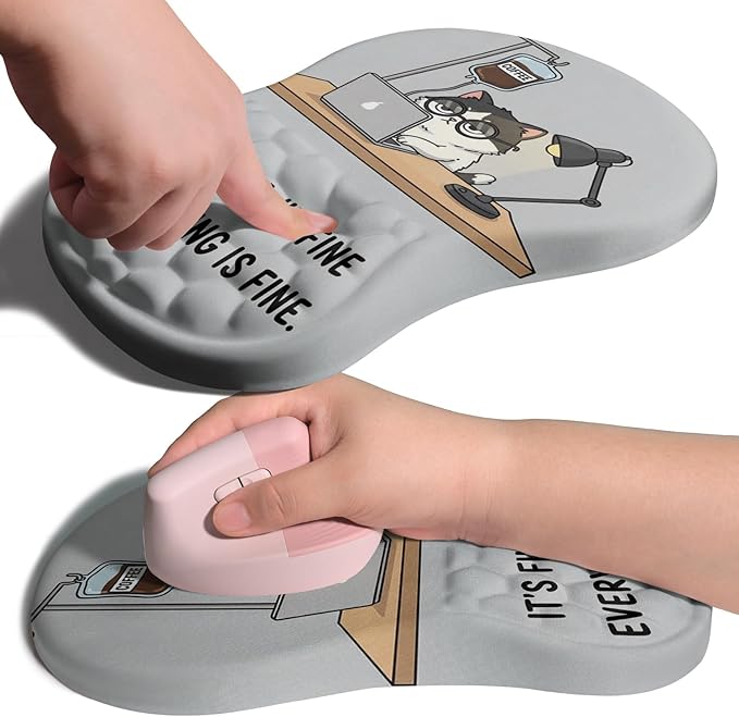 Ergonomic Joint Wrist Support Mouse Pad with Memory Foam Cushion Massage Bump Carpal Tunnel Pain Relief Mousepad Slope Design for Wrist Rest 11.8x7.9 in Funny Coffee Cat