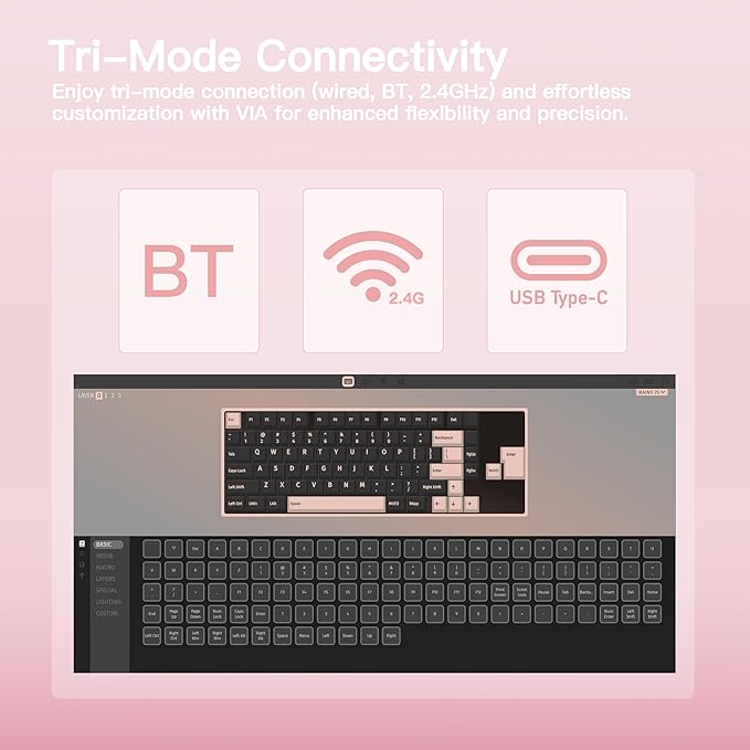 KEEBMONKEY WOBKEY Rainy 75 CNC Aluminum HMX/JWK/Cocoa Switches Triple-Mode Connectivity Mechanical Keyboard with Superior Acoustics RGB/PP/Mirrored Glass/3500mAh/Violet Switch (Standard - Pink)