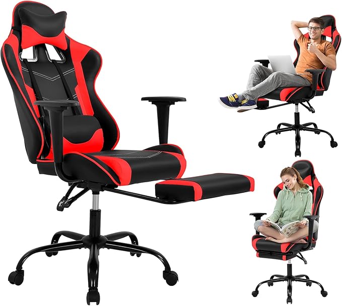 BLKMTY Gaming Chair Reclining Computer Chair with Footrest and Lumbar Support Height Adjustable Game Chairs with Swivel Seat and Headrest for Home Office or Gaming (Red)