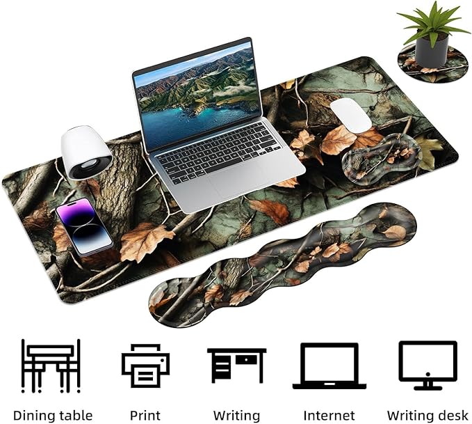 Keyboard Mouse Pad Set Extended Gaming Mouse Pad+Ergonomics Keyboard Wrist Rest Support Memory Foam Easy Typing Pain Relief 4Pcs XL Ultra Thick Desk MatAutumn Leaves Branch Camo