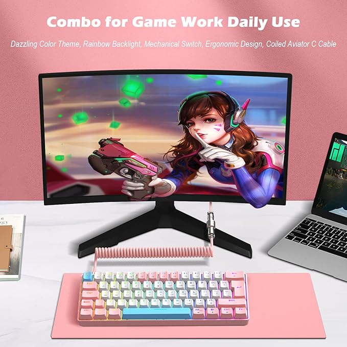 ZIYOU LANG RK-T60 Wired Mechanical Gaming Keyboard Mini Portable with Rainbow Backlit 62Key ABS Keycaps Full Anti-Ghosting Ergonomic Design Coiled Aviator Cable for PS4/PC/WIN Gamer(Pink/Blue Switch)