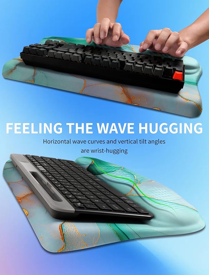 Ergonomic Wave Wrist Rest with Keyboard Stand Cushioned Palm Rest Comfortable Integrated Memory Foam for Natural Typing and Relieve Wrist Pain Green Gold Marble