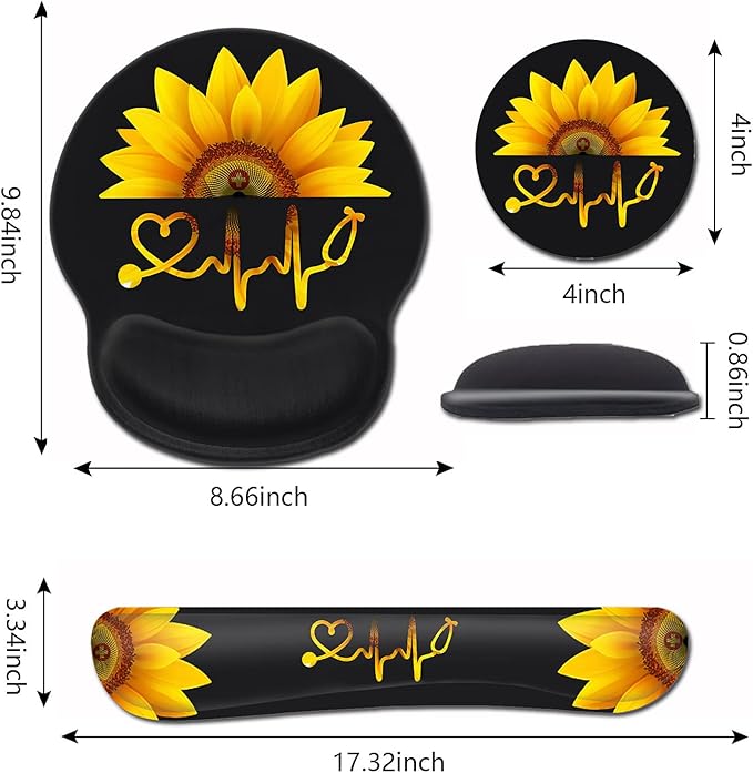 Ergonomic Wrist Protection Mouse Pad Wrist Guard and Keyboard Wrist Rest Non-Slip Rubber Base Mouse Pad Sunflower and ECG Stethoscope Pattern Personalized Fashionable Black Office Accessories