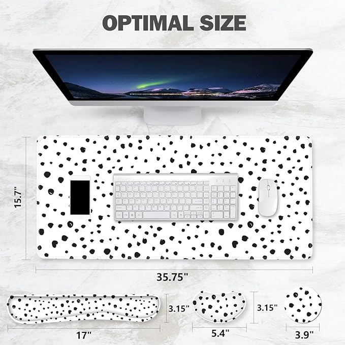 ToLuLu Extended Gaming Mouse Pad Memory Foam Ergonomic Keyboard Mouse Wrist Rest Support Set Large Desk Mat with Stitched Edges Non-Slip Base Mousepad for Home Office Game and Study Polka Dots