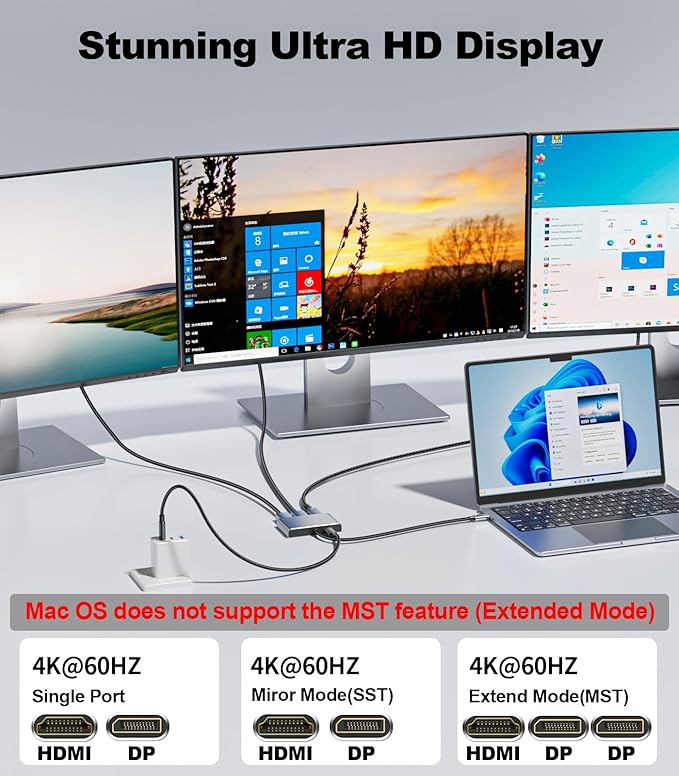 USB C to Dual DisplayPort Adapter and HDMI with 100W PD Charging Triple 4K60Hz Monitor Extender for Dell/Surface Pro/HP DP Splitter Extended Display Hub Laptop Multi-Screen Adapter