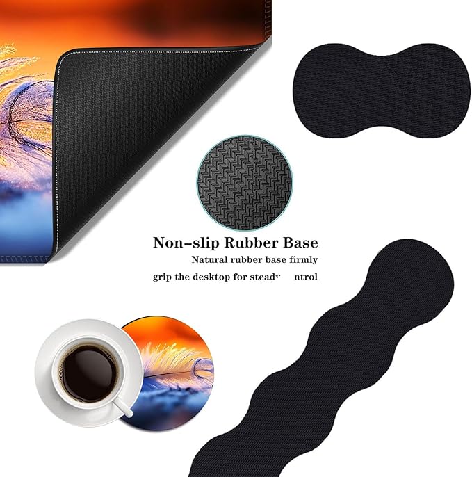 Mouse PadLarge Desk Mat Set 4in1 XL Mousepad + Keyboard Wrist Rest+Mouse Wrist Rest+Coaster with Ergonomic Desk Pad for Home Office Table Computer Cover -Feather at Sunrise