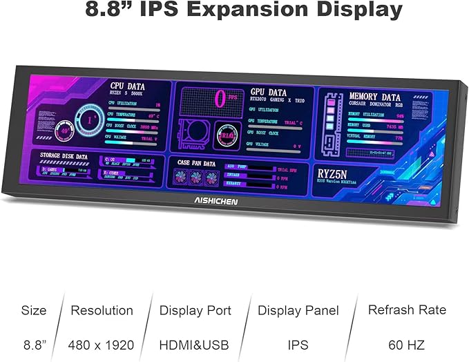 8.8 Inch PC Temperature Display PC Sensor Panel Display Computer Temp Monitor IPS USB Mini Screen AIDA64 CPU RAM DataTemperature Monitor for ARGB Computer Case Secondary Screen