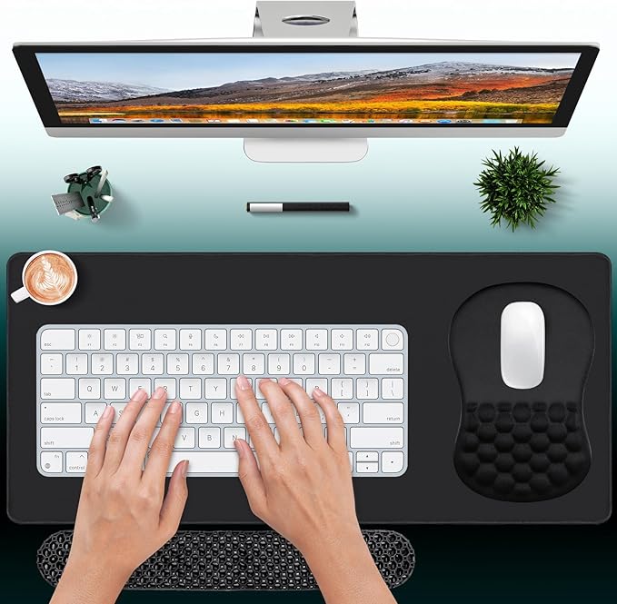 3 in 1 Set Ergonomic Mouse Pad with Wrist Rest Keyboard Wrist Rest Non-Slip Desk Pad Memory Foam Breathable Support for Prolonged Typing and Mouse Use Relief from Wrist Fatigue Jamboa