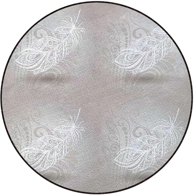 Grey White Round Home Office Computer Hardwood Floor Protector Mat Soft Thick Low Pile Gaming Rolling Desk Chair Mat Carpet Swirled Branches Curved Flower Leaves Diameter 51 in