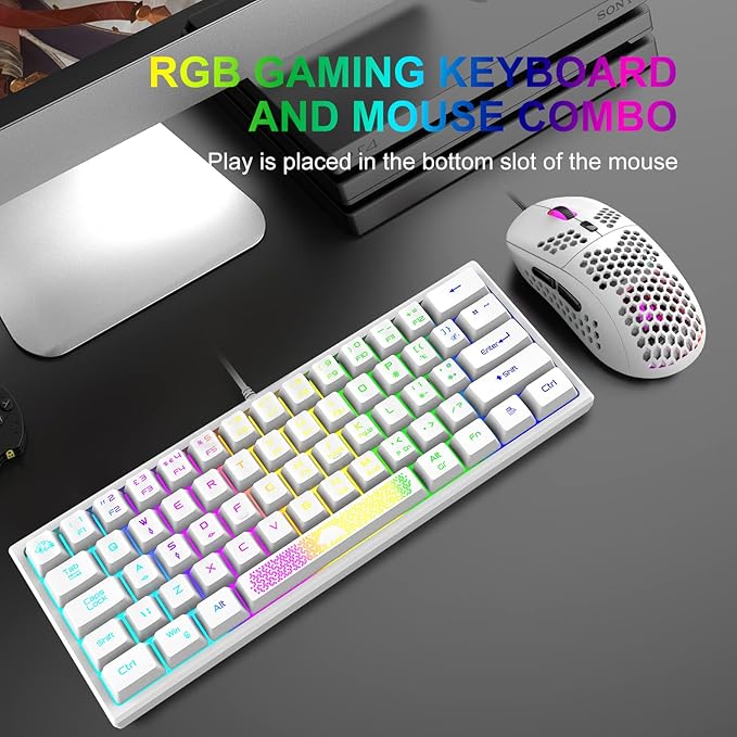 60% Gaming Keyboard and Mouse Combo Samll Mini RGB LED Backlight Mechanical Feeling and RGB 6400 DPI Honeycomb Optical MouseGaming Mouse pad for Gamers and Typists