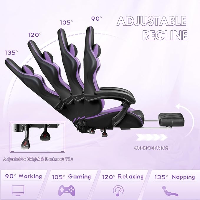 Shahoo Gaming Chair with Footrest and Massage Lumbar Support Ergonomic Office Computer Seat Height Adjustable with Headrest Purple