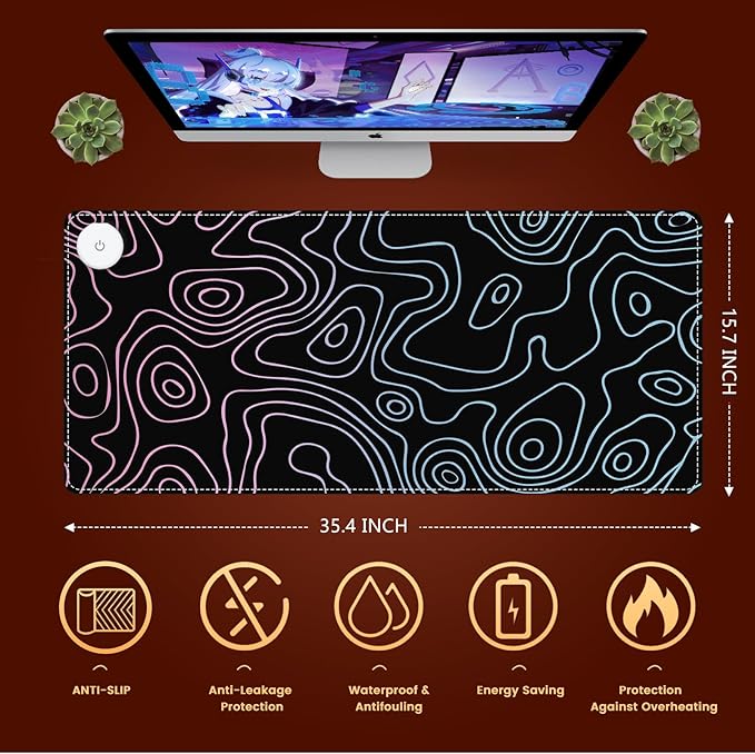 iLeadon Heated Mouse Pad Heated Desk Mat Electric Warm Desk Pad with 4 Heating Levels &amp 4 Auto Shut-Off Levels 35.4 x 15.7 Large Safe Desk Mat Hand Warmer for Home Office Work Black Topograp