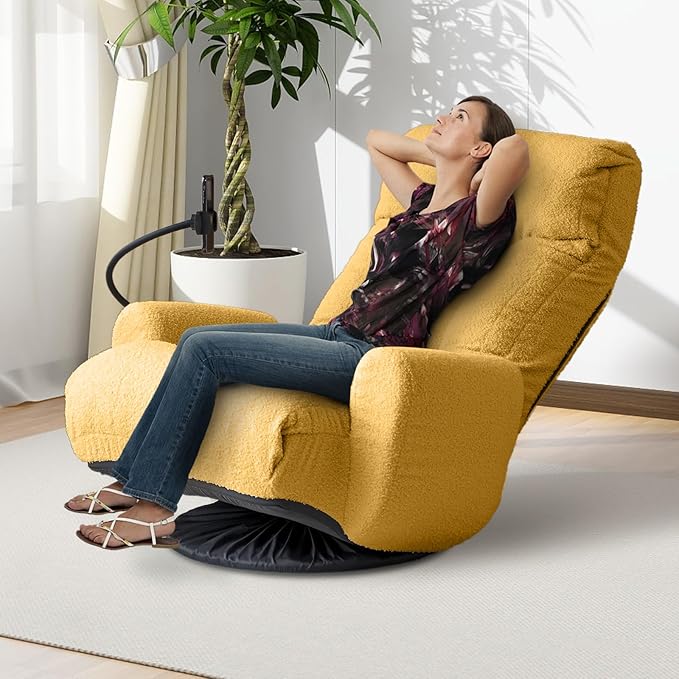 360° Swivel Floor Gaming Chair Teddy Folding Lounge Chair Sofa Chair with Adjustable Head and Waist Armrests &amp Phone Holder Padded Cushion Leisure Chairs for Living Room Bedroom (Yellow)