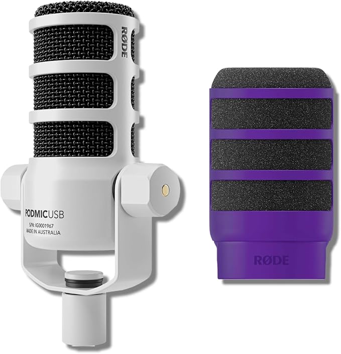 Rode PodMic USB Dynamic Broadcast Microphone (White) with Rode WS14 Pop Filter for PodMic (Purple)