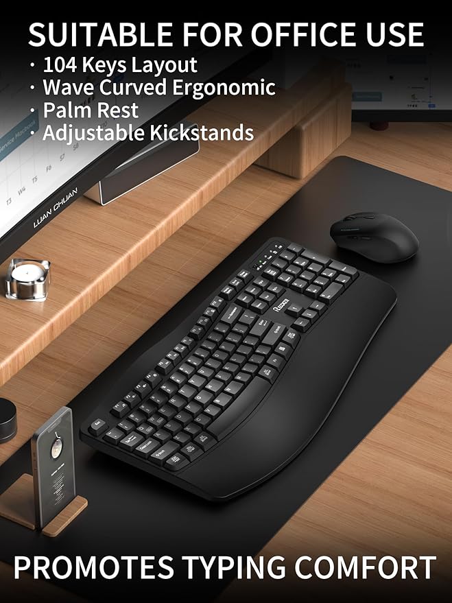 Wireless Keyboard and Mouse Combo2.4G Full Size Wave Keys Ergonomic Keyboard with Wrist Rest for Natural Typing 3 DPI Adjustable Ergonomic Silent Mouse for Computer/Laptop/Windows/Mac (Black)