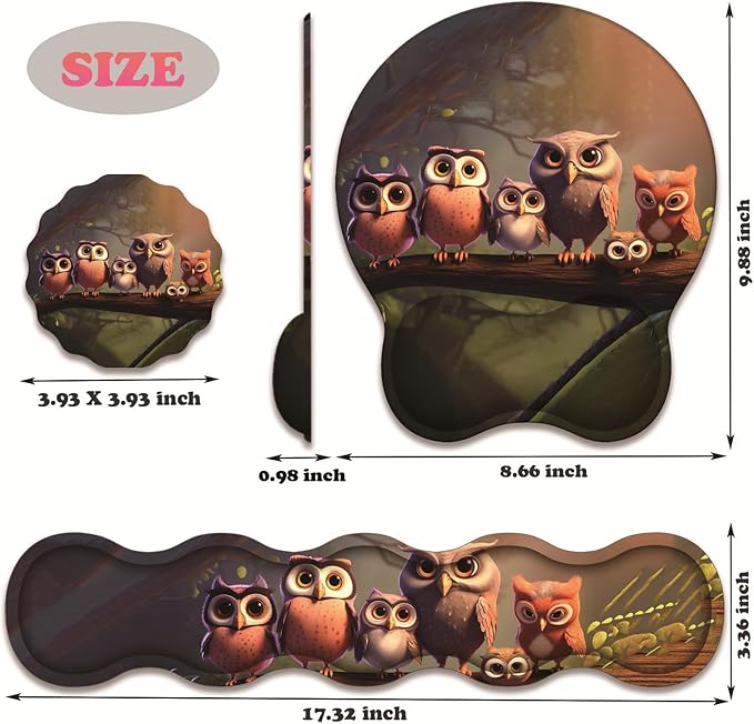 3 in 1 Keyboard Wrist Rest + Mouse Pad and Coaster Ergonomic Gel Mouse Pad and Keyboard Pad Set Comfortable Lightweight for Easy Typing Pain Relie Cute Owl