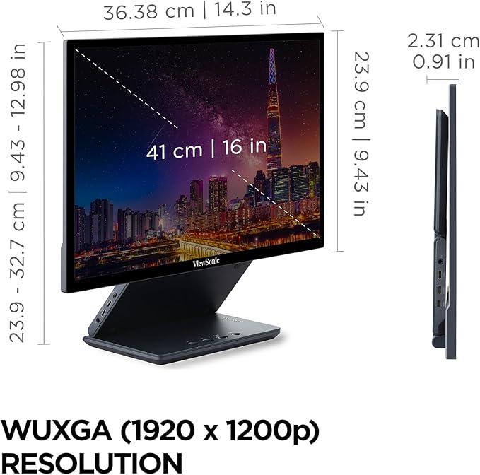 ViewSonic VP1656 15.6 Inch 1200p IPS Portable Monitor with 2 Way Powered 40W USB C Pantone Validated Factory Calibrated Built in Ergonomic Stand with Protective Cover
