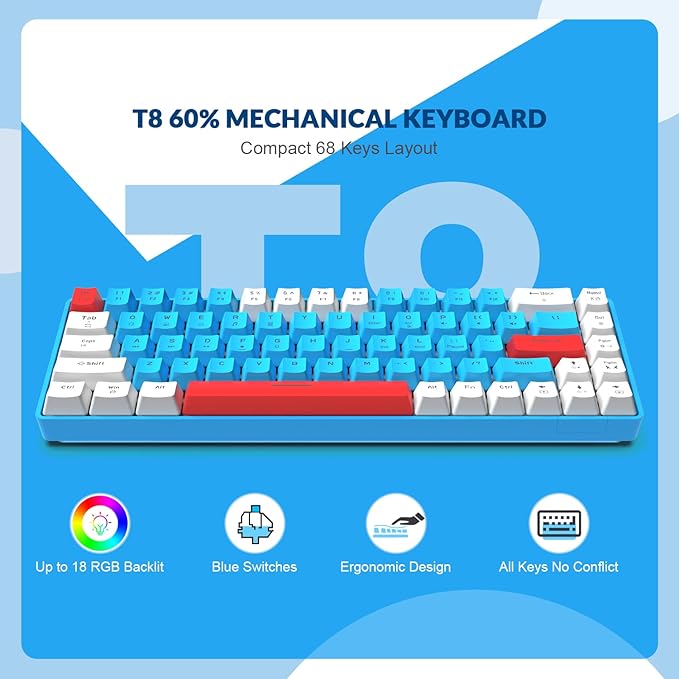 T8 60% Gaming Keyboard68 Keys Compact Mini Wired Mechanical Keyboard with 18 Chroma RGB BacklitBlue SwitchUSB C Coiled Keyboard Cablefor PCLaptopMacPS4Xbox-Blue