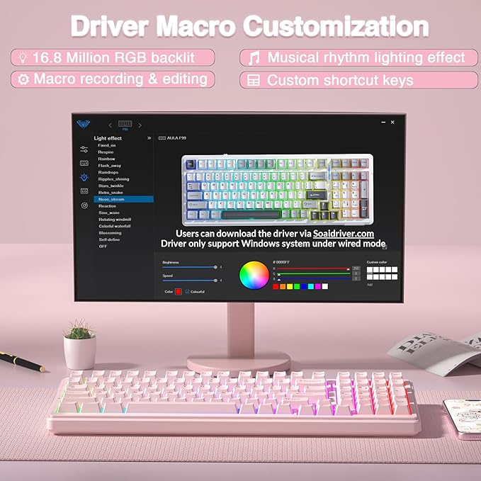 AULA F99 Wireless Mechanical Keyboard-Silent VersionTri-Mode(BT5.0/2.4GHz/USB-C)Gasket StructureHot Swappable Mechanical Keyboard with Pre-lubed Linear SwitchesRGB Backlit PC Gaming KeyboardsPink