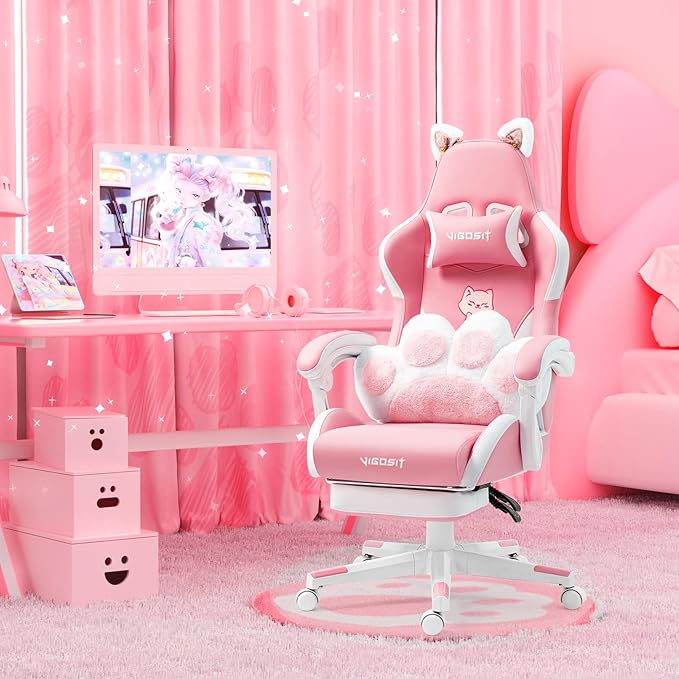 Gaming Chair Cute with Cat Ears Paw Lumbar and CushionErgonomic Computer Chair with FootrestReclining PC Game Chair for Girl Computer Chair 300lbs for Adult (White&ampPink)