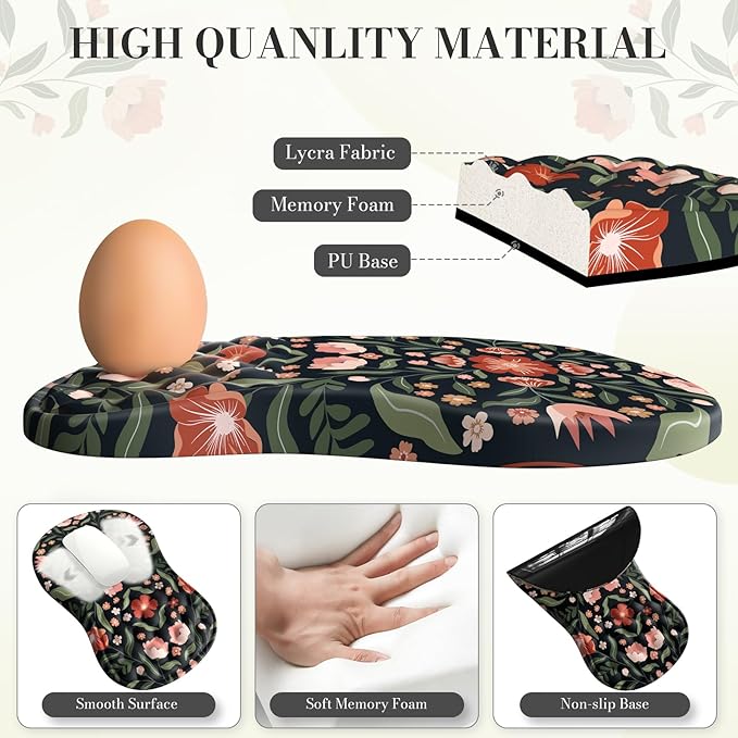 Keyboard Mouse Pad Set Floral Desk Wrist Pad Comfortable Keyboard Wrist Rest and Coaster Non-Slip Table Decor Desk Accessories for Women