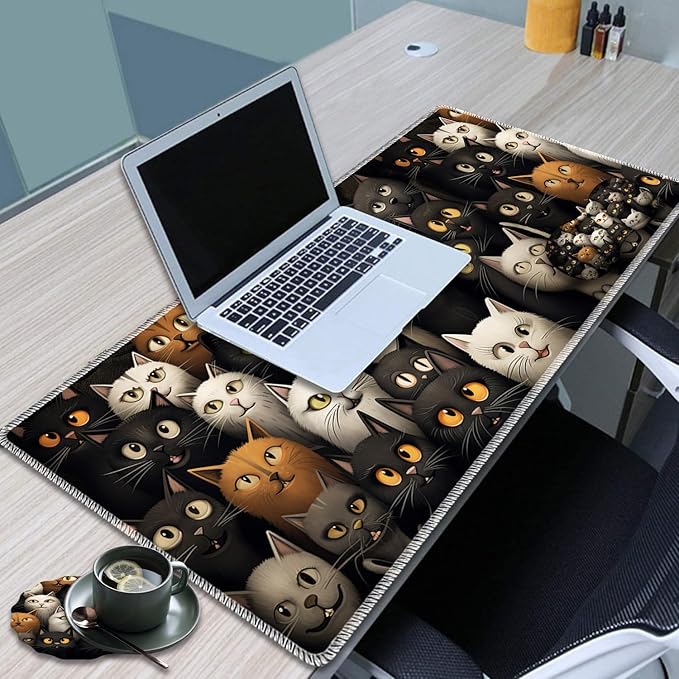 Large Game Mouse Pad + Wrist Support Pad + Coffee Coaster Desk Pad with Sewn Edges Anti-Slip Set pad Suitable for Office Work and Home - A Group of Cats