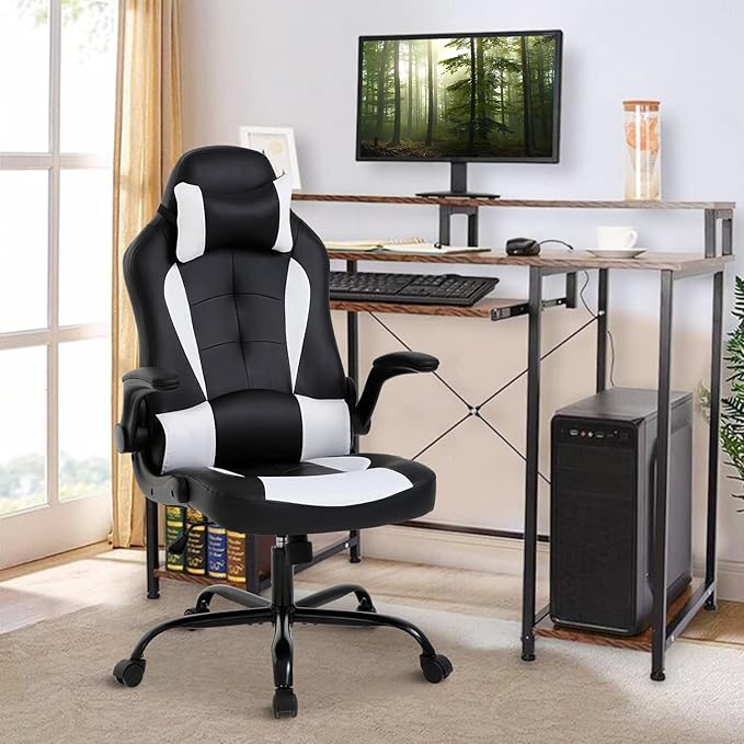 White Gaming Desk Chair PC Gaming Chair Gamer Chair Comftorable Ergonomic PU Leather Computer Office Chair with Lumbar Support Flip Up Arms High Back Executive Gaming Stuff for Girl Kids Adults