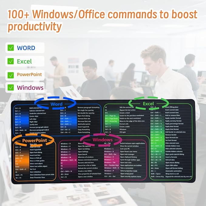 SHEEP&ampSHEEP Excel Cheat Sheet Desk Pad &amp Shortcuts Mouse Pad - XXL 35.4x15.7 Water-Resistant Surface with Anti-Slip Base Excel Pad for Office Gaming Design