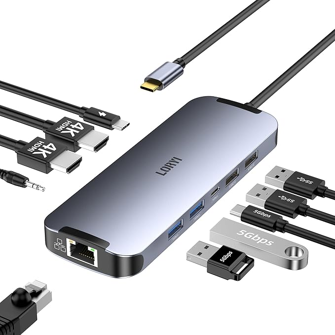 USB-C Hub (10-in-1) Dual 4K HDMI 100W PD Fast Charging HDMI Extension USB A3.0×2 USB C3.0×1 5Gbps Data Transfer USB2.0×2 3.5mm Audio 1000Gbps Ethernet Port USB C Docking Station with 2 HDMI Ports