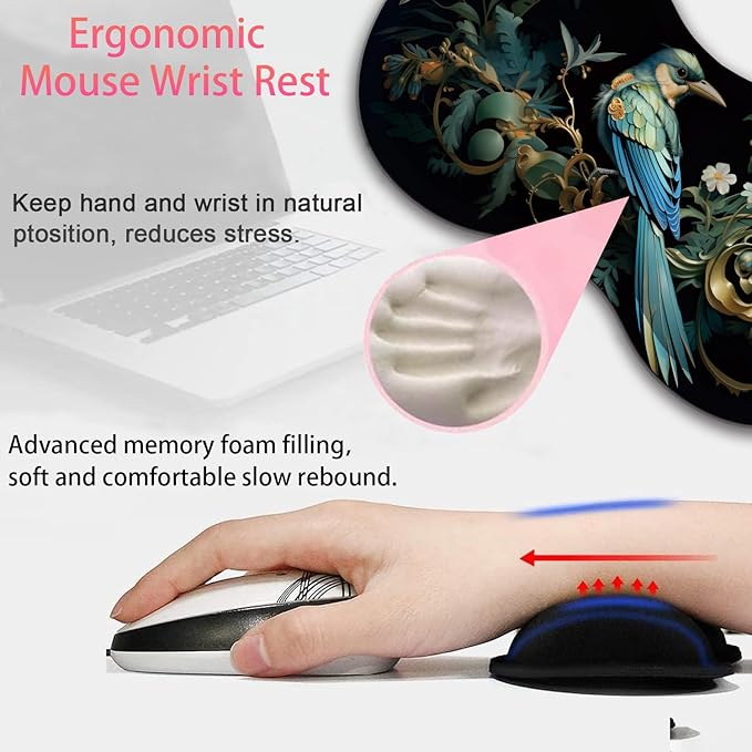 Large Gaming Mouse Pad + Mouse Wrist Rest Pad + Coaster Combination 31.5 x 11.8 Durable Non-Slip Extension Table Mat Suitable for Office and Home Bird Leaf