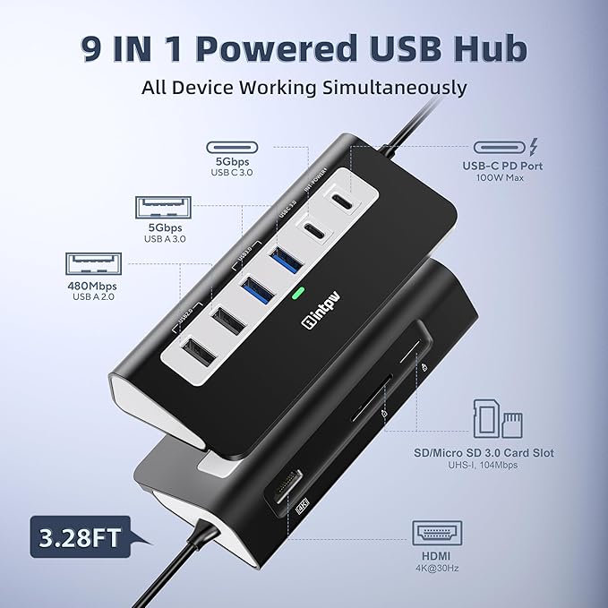 P9 USB-C Docking Station intpw 9-in-1 USB C Hub with 4K HDMI 3 Type A/C 3.0 5Gbps PD 100W 2 Type-A 2.0 SD/TF Ports Compatible with MacBook iPad iPhone 17 Series