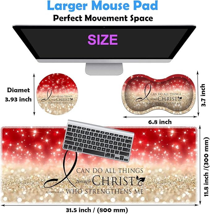 3 Piece Mouse Pad Set with Stitched Edge Large Anti-Slip Mouse Pad Desk Pad Keyboard Pad + Wrist Rest Pad + Coaster Memory Foam Wrist Rest for Office/Home - Bible Verse Pink Philippians 4-13