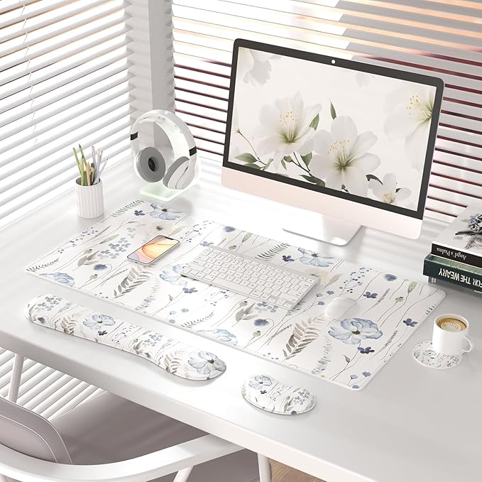 QIYI Leather Desk Mat Set 4-in-1 Large Mouse Pad with Wrist Rest Non-Slip Desk Pad + Keyboard Wrist Rest + Mouse Wrist Support + Coaster Office Desk Accessories Home Decor Supplies Wildflowers
