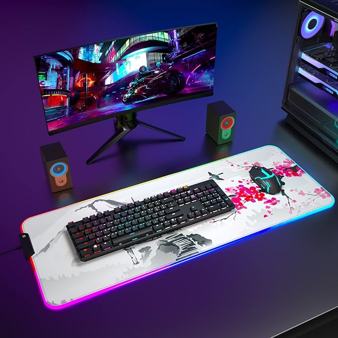 ITNRSIIET RGB Gaming Mouse Pad Full Desk XL Extended Large Gaming Mousepad 12 Lighting Modes 30% Thicker Big LED Desk Mat for Gamers 32 x 12 inches Japanese Mount Fuji Sakura