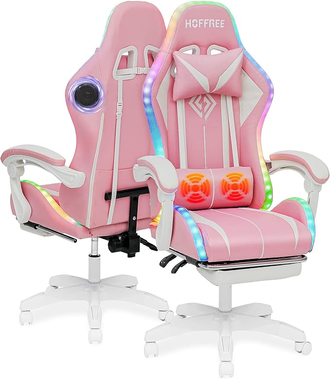 HOFFREE Pink Gaming Chair with Bluetooth Speakers and LED RGB Lights Cute Ergonomic Massage Computer Gaming Chair with Footrest High Back Video Game Chair with Lumbar Support Pink and White
