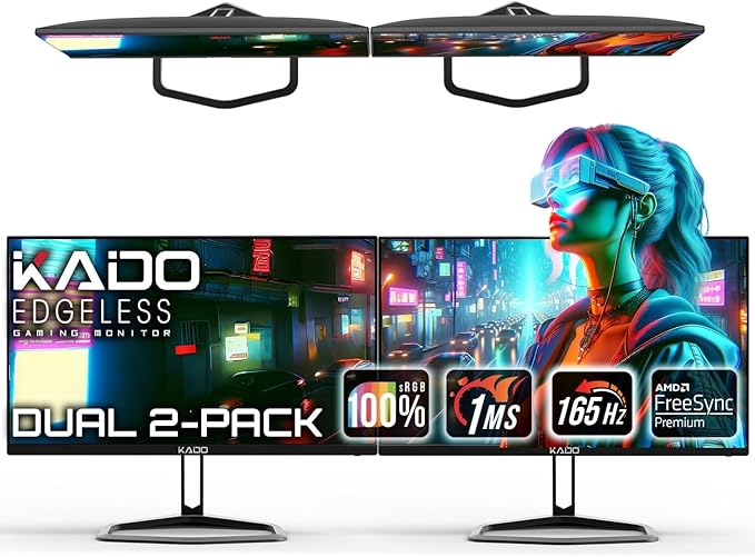 Kado Dual Gaming Monitor Setup - 2-Pack 24.5 165Hz 1ms 1920x1080 Flat Screen AMD FreeSync Premium Panoramic Gaming Multi-View Split Screen Streaming VESA Mount HDMI DisplayPort Built-in Speakers