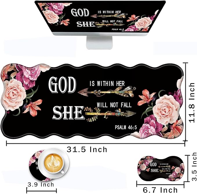 Mouse Pad with Wrist Support + Desk Mat + Coaster 3 in 1 Set XL Large Gaming Mousepad Ergonomic Mouse Pads for Desk Computer Laptop OfficeFlower Bible Verse Psalm 46-5