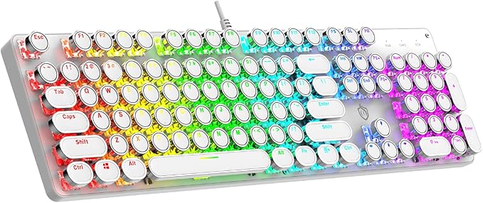 Typewriter Mechanical Gaming Keyboard with RGB Backlit Red Switches 104 Keys Retro Round Keycap Wired Typewriter Style Comfortable Typing Soud (White RGB)