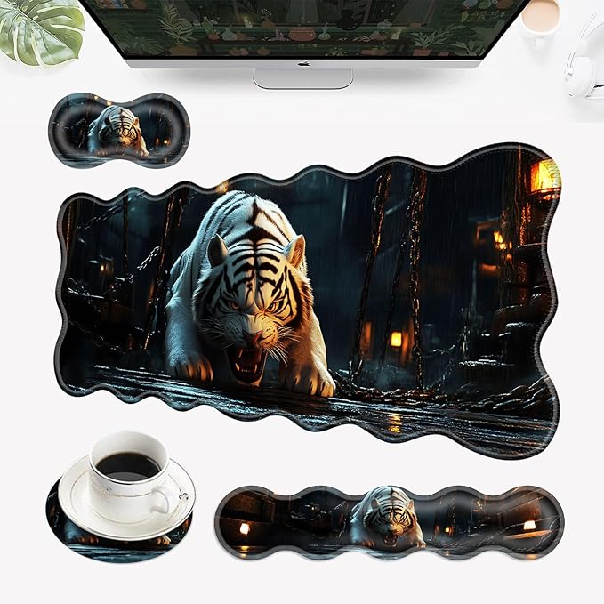 Desk Mat Mouse Pad with Wrist Rest 4-in-1 Large Mouse Pads for Desk Ergonomic Mouse Pad and Keyboard Wrist Rest Gaming Keyboard Mat for OfficeWhite Tiger