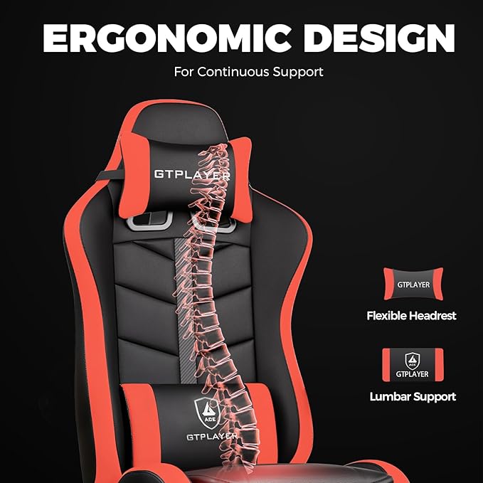 GTPLAYER Gaming Chair Ergonomic Game Computer Chairs with Foot Rest for Adults Adjustable PC Game Chair with Reclining Function and Comfortable Headrest for Home and Office Use (RED)