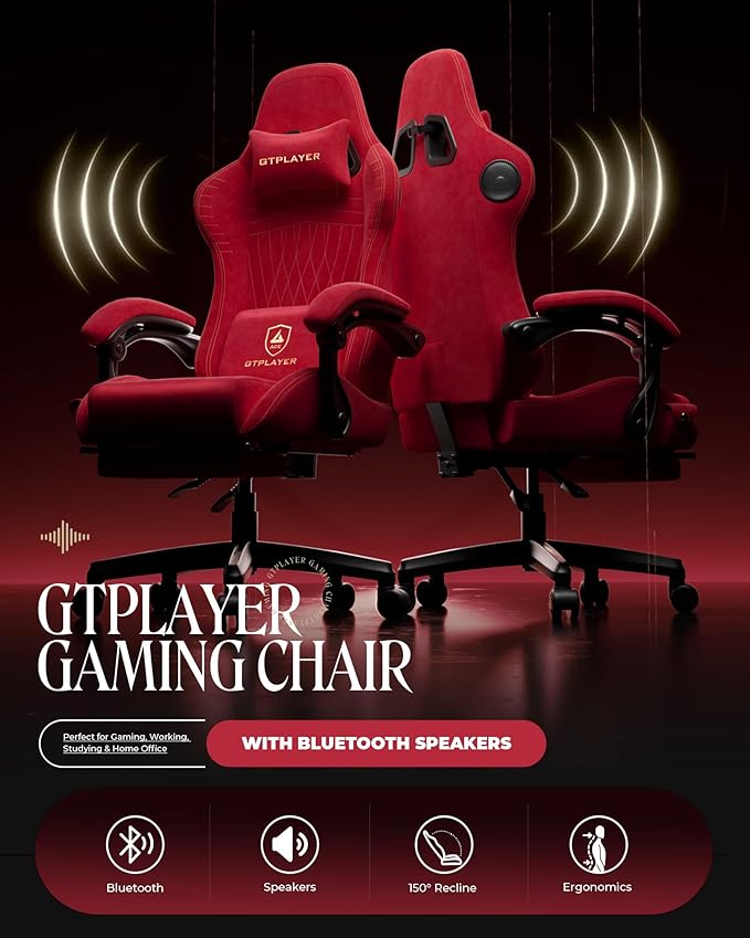 GTPLAYER Gaming Chair with Speakers Video Game Chairs with Footrest PC Gamer Chairs for Adults - Padded High Back Ergonomic Reclining Silla Gamer Linkage Armrest Ace Pro Cherry Red（Velvet）