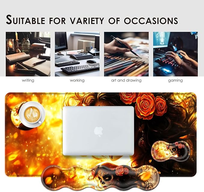 Large Keyboard Mouse Pad Set Extended Mouse Pad+Keyboard Wrist Rest Support Memory Foam Ergonomic Easy Typing 4Pcs (31.5×11.8 in) Desk Pad Set for Office HomeSkull Woman with Rose